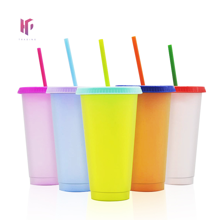 750ML 24oz Plastic Reusable cold magic Drinking Temperature Change Color Changing Cup Coffee mug Tumblers with lid and straw