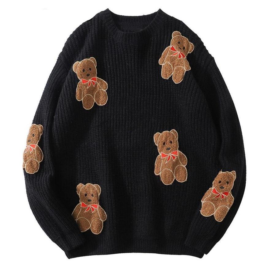 Custom Unisex Bow Tie Bear Knit Embroidered Loose Sweater Crewneck Cotton Pullover Women'S Hoodies Sweatshirts