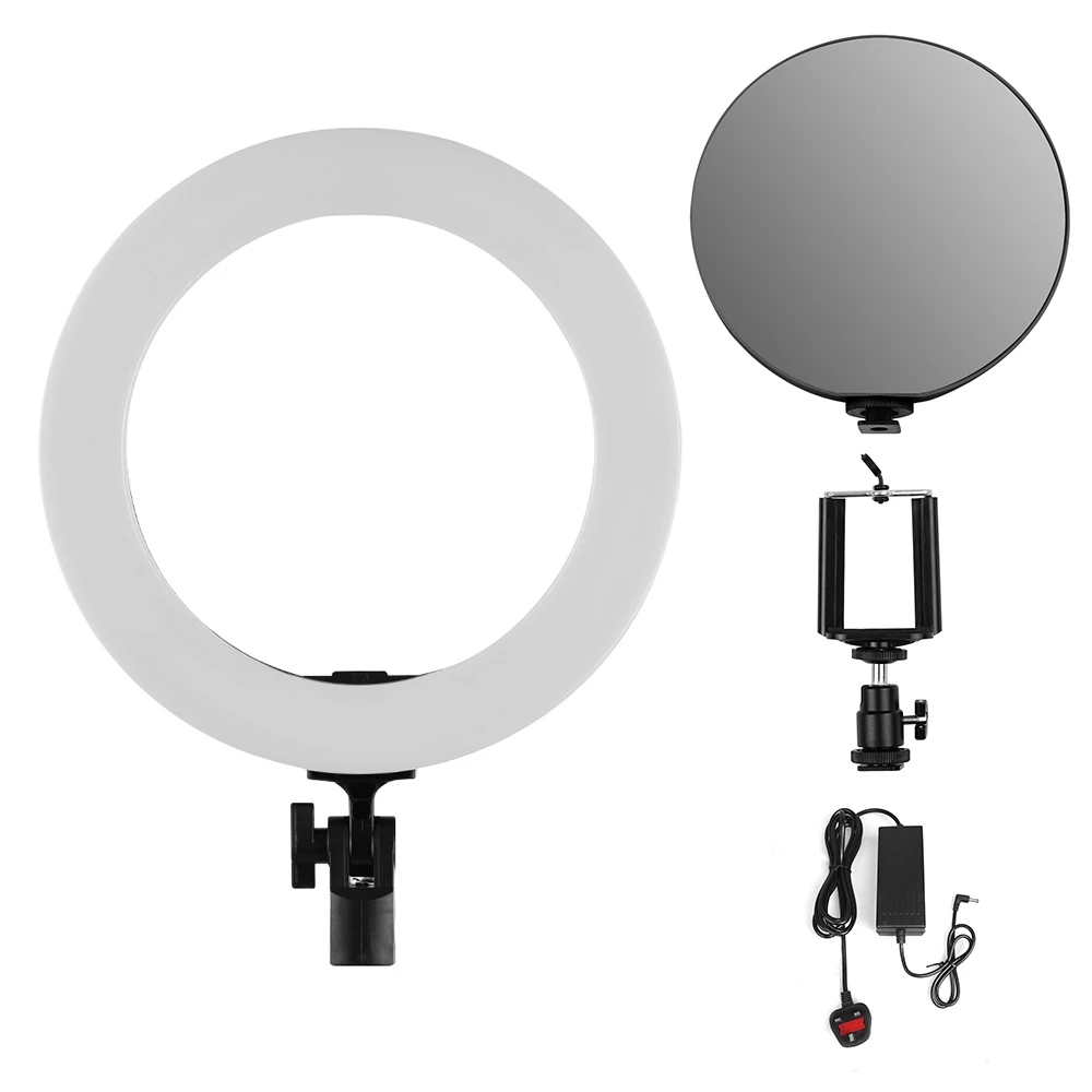 10" LED Ring Light Studio Video Lamp 28W Dimmable 3200-5500K Color Temperature with Cell Phone Holder Makeup Mirror RingLight