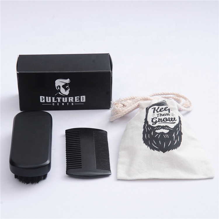 Professional made custom logo natural portable black beard brush and comb kit set for men