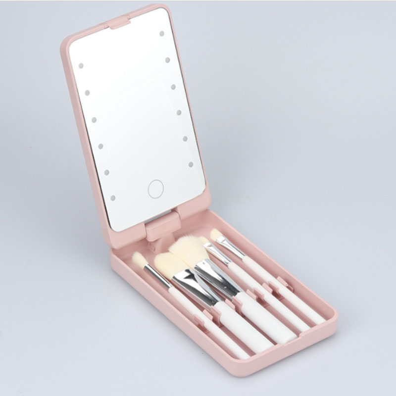 girly pink makeup brushes with led cosmetics mirror short handle 5pcs starter travel make up brush set