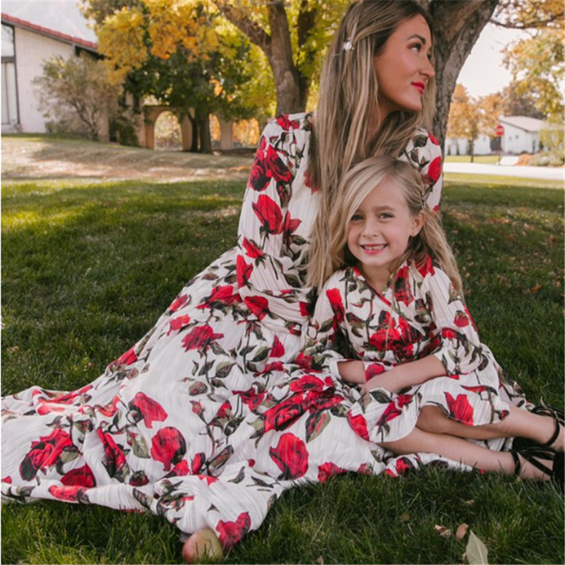 Family matching clothing mother daughter long sleeve floor length maxi dress floral dresses for mom and me