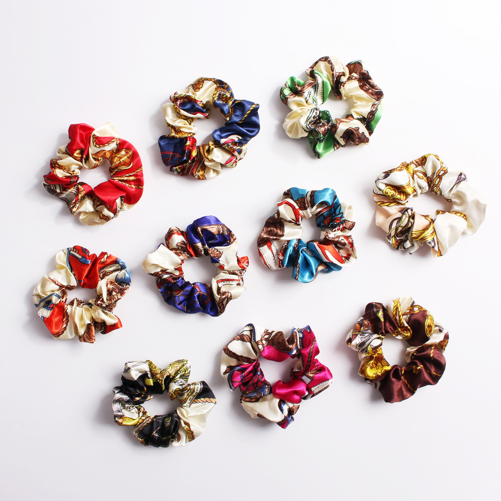 Wholesales Custom Satin Print Scrunchies Hair Ring Elastic Headband Rubber Ponytail Hair Tie Girls Hair Accessories