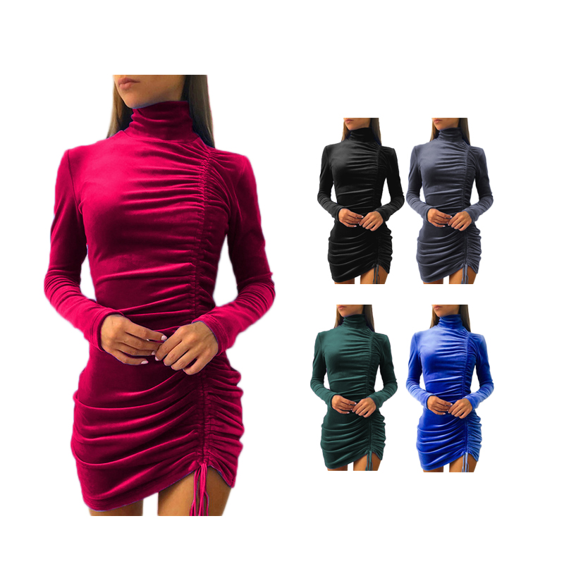 2021 Fall New Products Women's Long Sleeve Pleated Dress dress party Sexy Solid color Dress Short Skirt For girls