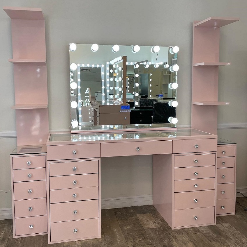 OEM Modern Bedroom Glass Vanity Table 13 Drawers Beside White Display Rack Shelf With 5 Drawers