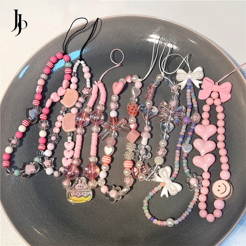 JOJO Fashion 2023 Insta Hot Sale Pink Series Sweet Cute Bow Heart Smiley Bead Phone Chain Girl