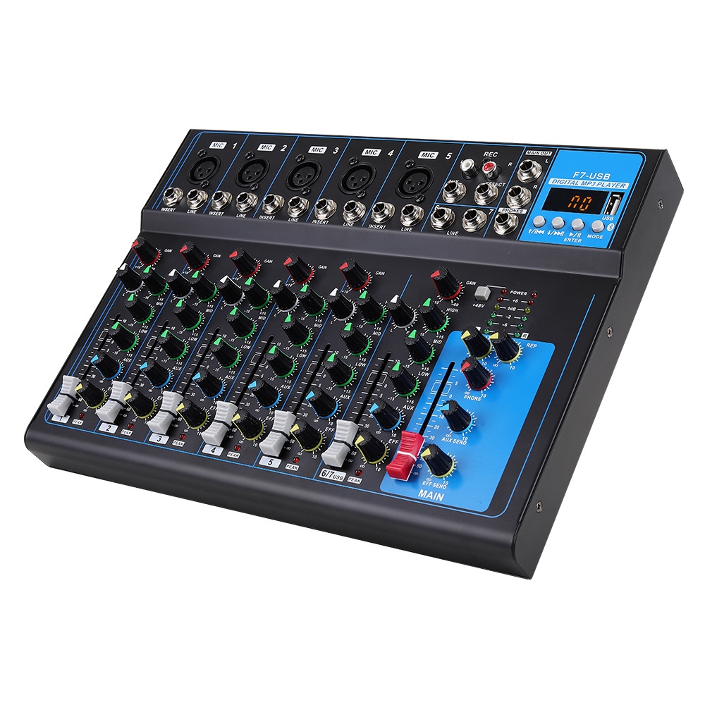 Mini 7 channel USB digital mixer with/48V Phantom powered mixer console/ 7-Channel Live Studio Audio Sound USB Mixer