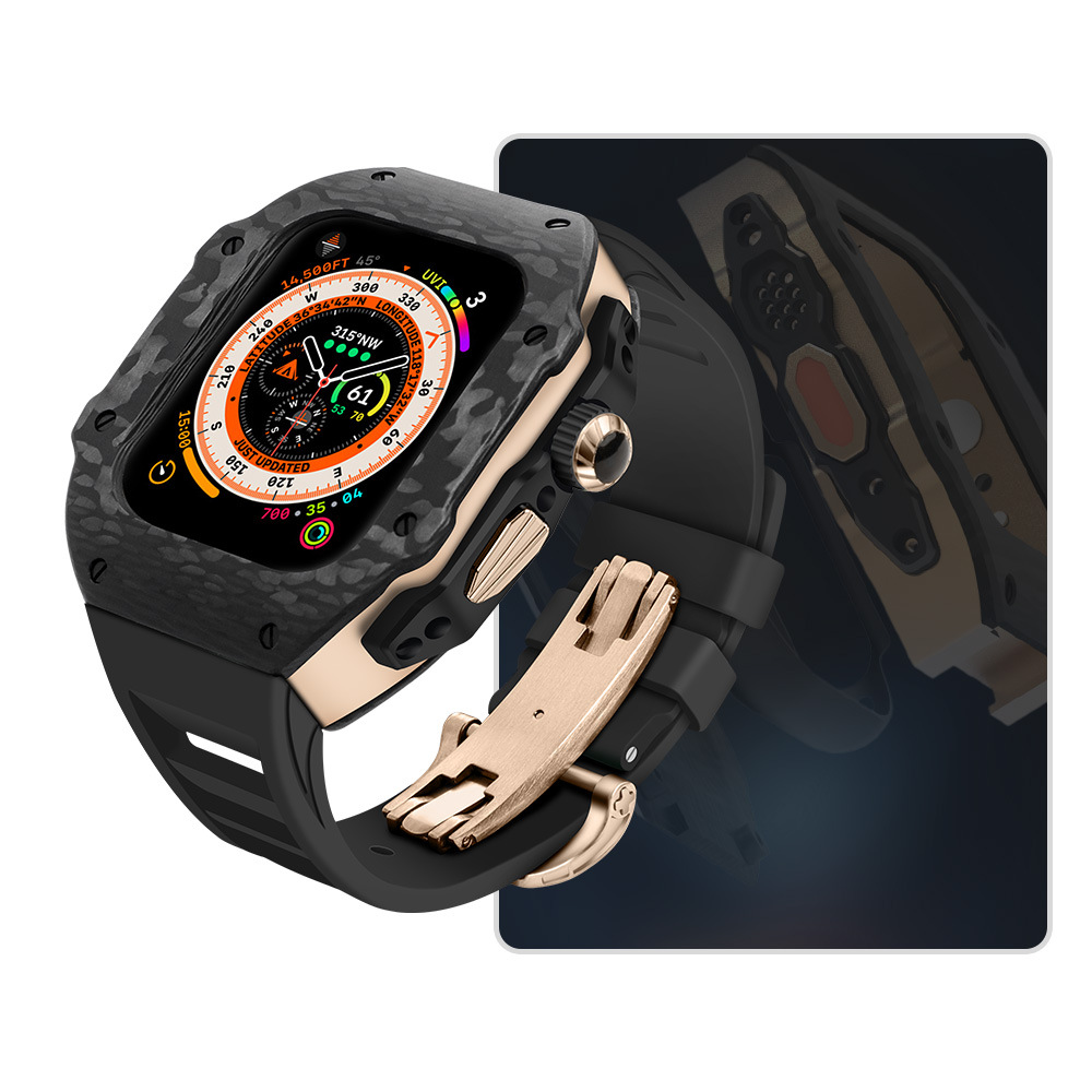 Комплект для часов Apple Watch Ultra 49 мм, роскошный модификационный корпус из углеродного волокна для iWatch 8 7 6 5 4 SE 45 мм 44 мм, флюоровая Резиновая лента