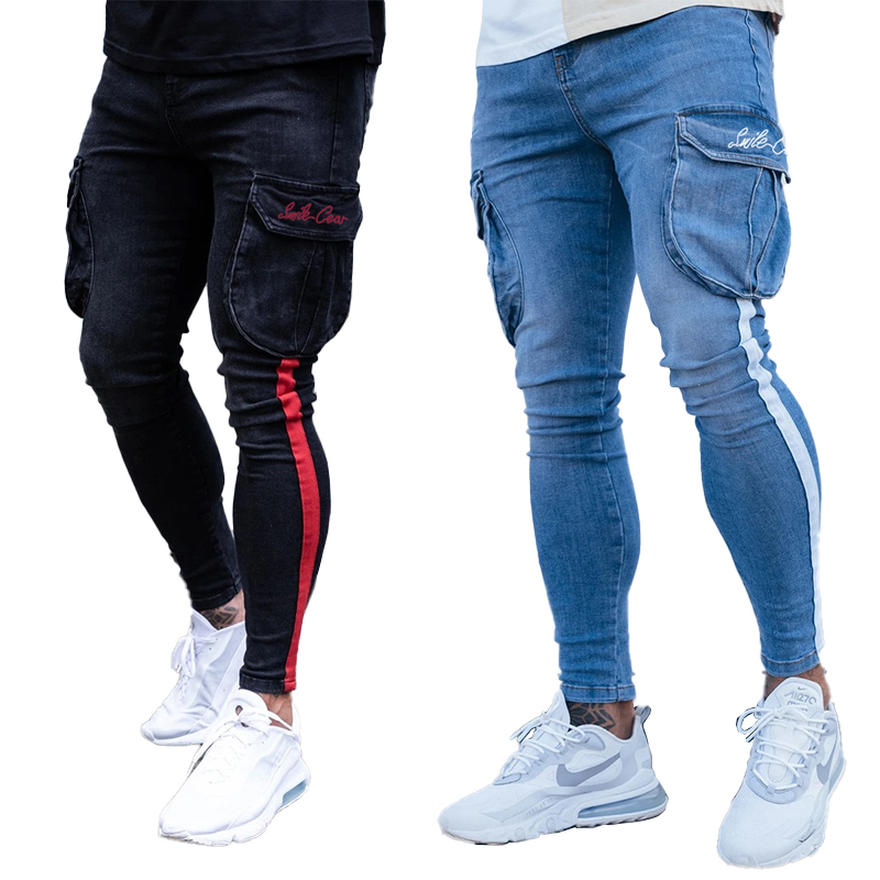 Wholesale fashion skinny jogger mulity pockets denim pants men's slim fit jeans