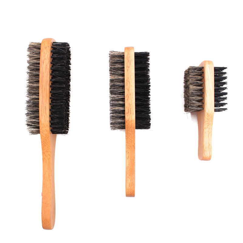 Private Label Wooden Long Handle Nylon Boar Bristle Double Side Mens Beard Brush Comb Anti Static Square Shaving Brush