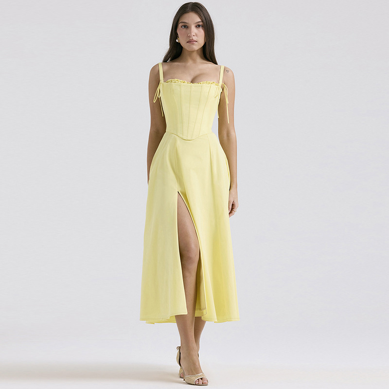 Yellow Split strap dress Women Sexy Women Sexy Dresses Ladies Summer Sexy Backless Dresses