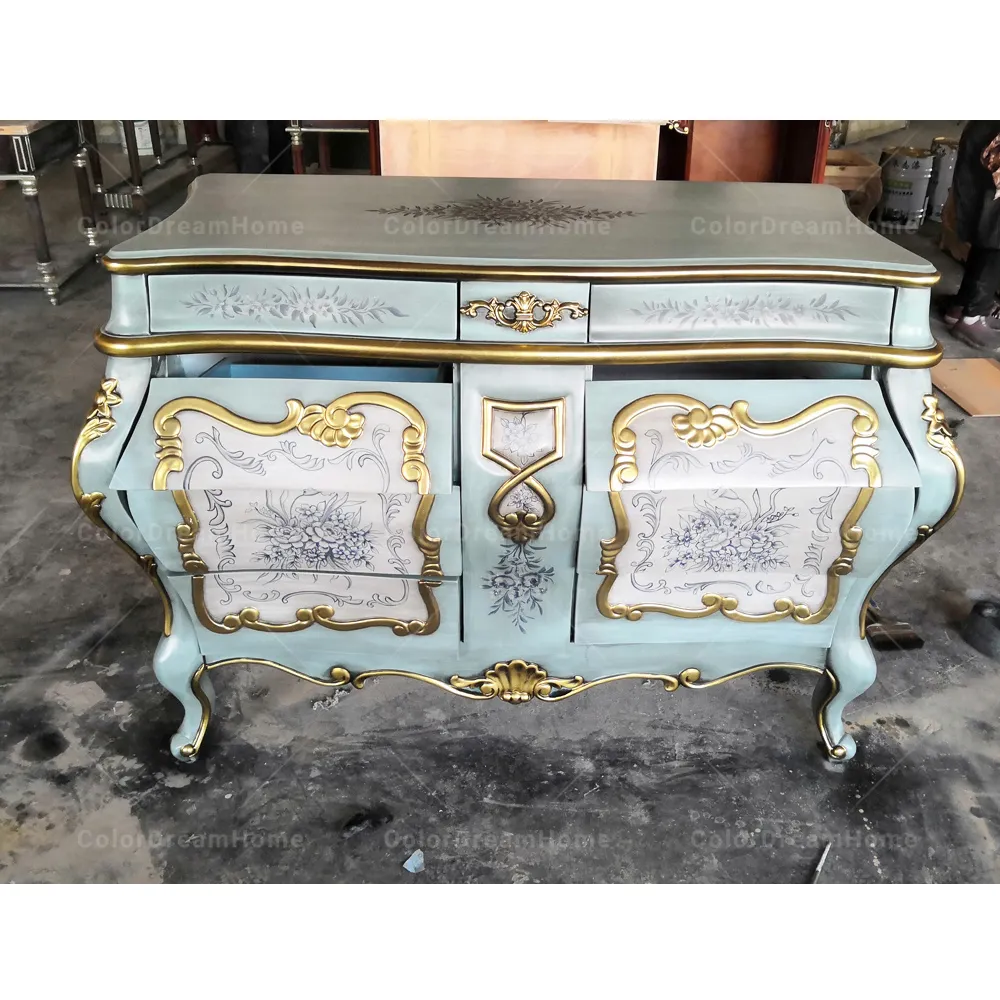 Rococo furniture design luxury golden mirrored cabinet wooden kitchen sideboard