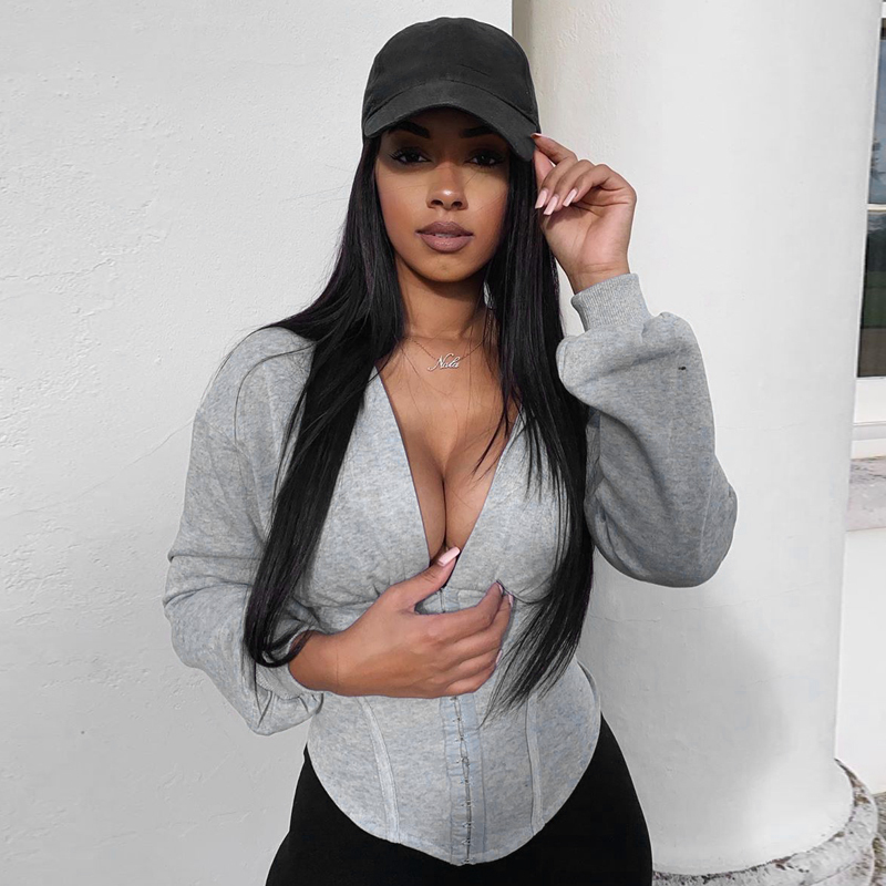 Fashion 2020 Fall Sexy Streetwear V Neck High Quality Women Corset Cropped Hoodie Tops Sweater for Women Fall Clothing Blouses