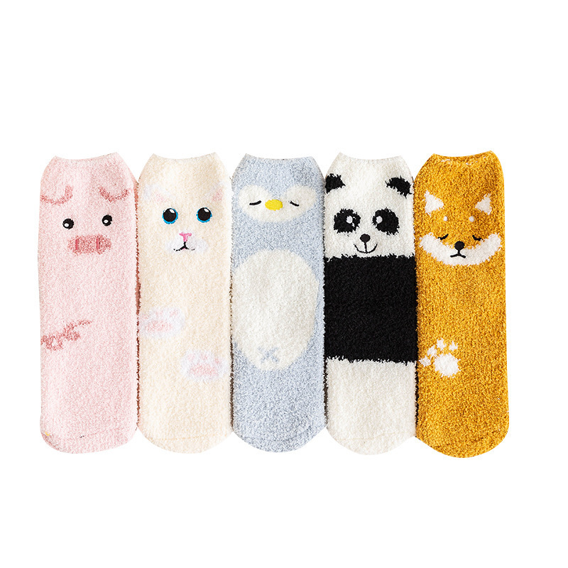 Autumn and winter cute pet coral velvet home women in the tube cartoon socks embroidery half flanked sleeping socks floor socks