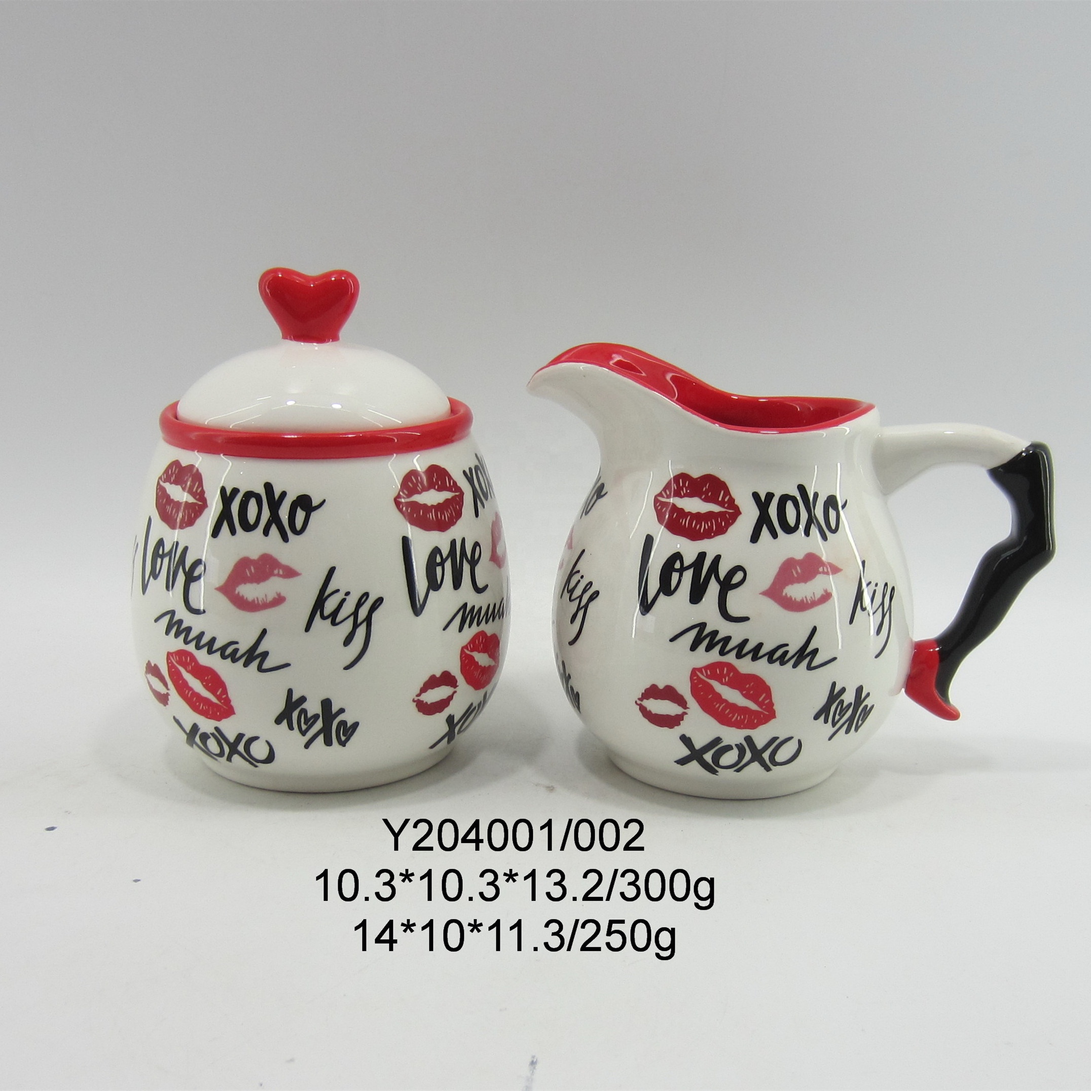 Valentine kitchenware ceramic sugar pot and milk jug with LOVE and Lips decal on surface