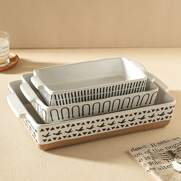 Custom Kitchen Oven Hand-painted Geometric Rectangular Lasagna Ceramic Baking Dishes and Pans With Two Handles