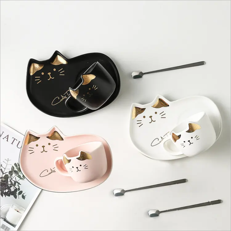Mug Cups Lovely Matte Kitten Design Coffee Tea Cup Sets Coffee Ceramic Mug With Plate And Spoon For Tea Time