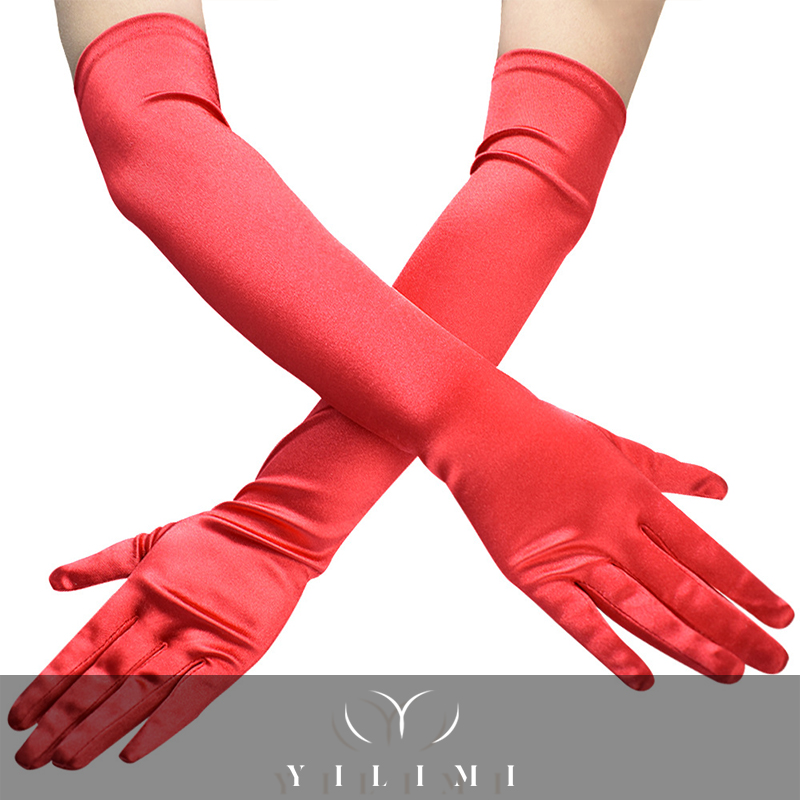 YILIMI Nylon Satin Medium Length Gloves Wedding Etiquette Gloves Retro PROM Party Club Gloves