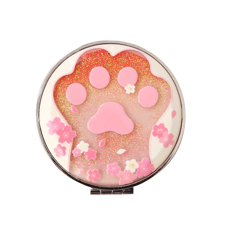 Creative Gifts Shiny Crystal Liquid Quicksand Cat Paw Makeup Mirror Portable mini Carry Foldable Mirror Pocket Mirror