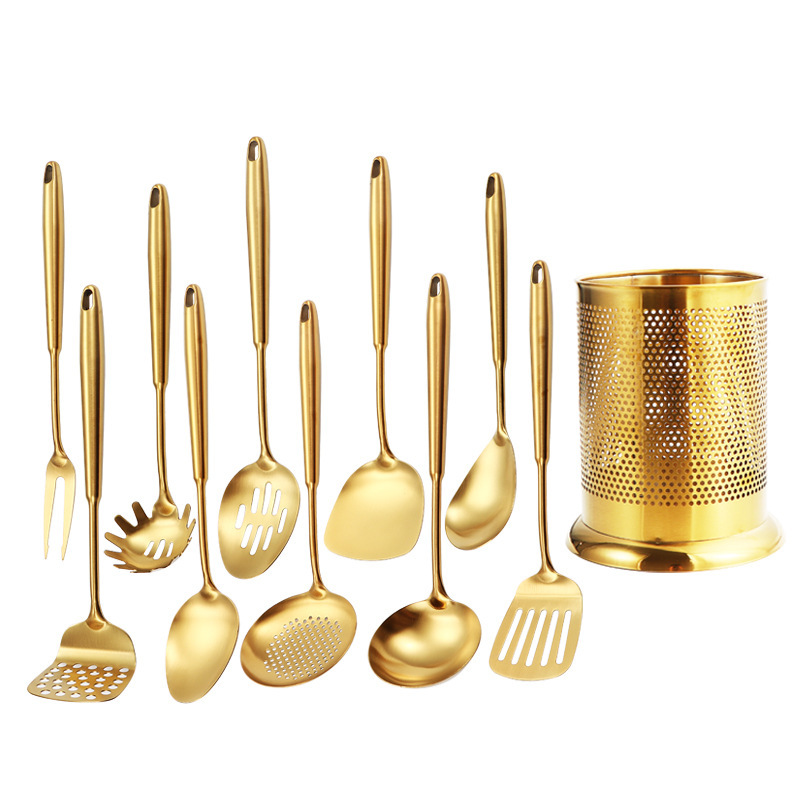 Luxury Style Golden Stainless Steel Kitchen Utensils Spoon Set with Metal Stand Safe in Dishwasher