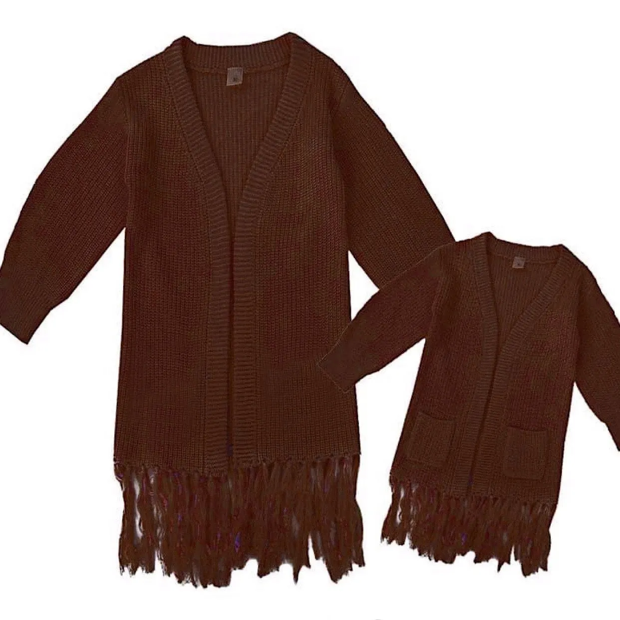 Boutique Wholesale Knitted Clothing Fringed Mommy and Me Cardigan with Pocket Girls Sweater