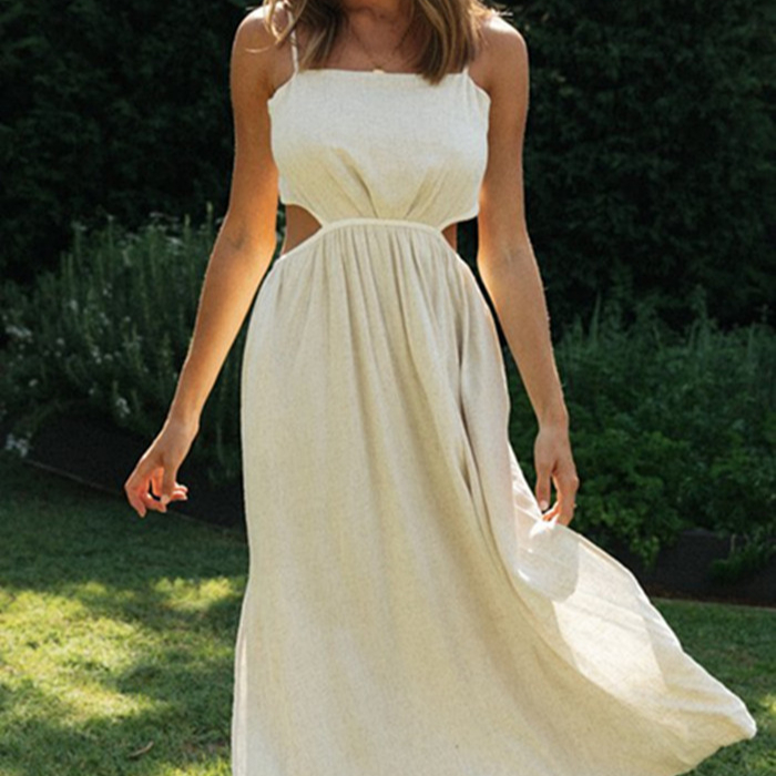 Woman Dresses New Arrivals 2021 White Summer Elegant Slip Dress with Flank Hollowed