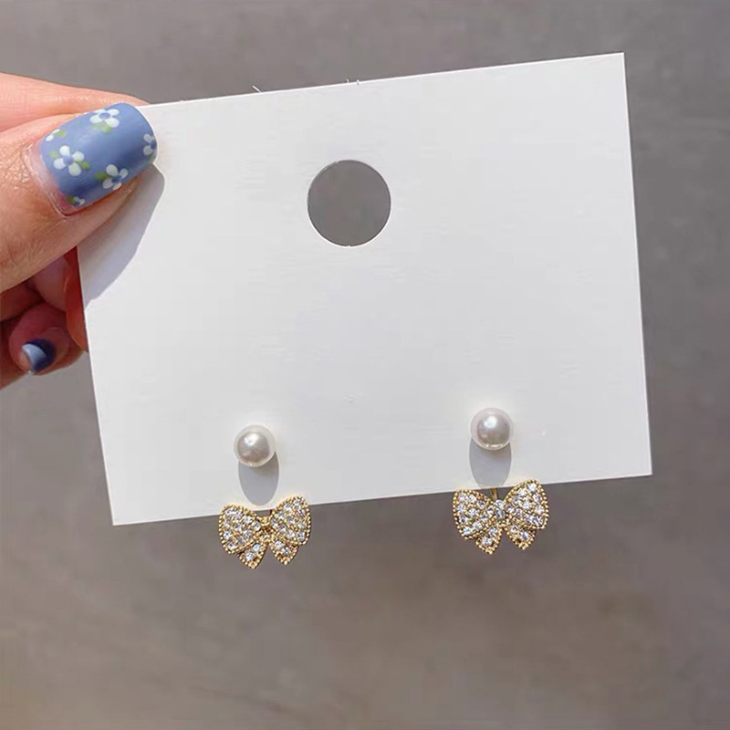 Jewelry 925 silver needle diamond small bow Pearl Earrings women's Korean Trend two earrings