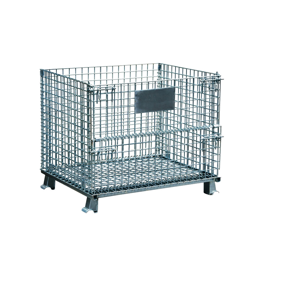 Customized Galvanized Collapsible Folded Stackable Warehouse Metal Wire Mesh Heavy Duty Pallet Cage With Lid