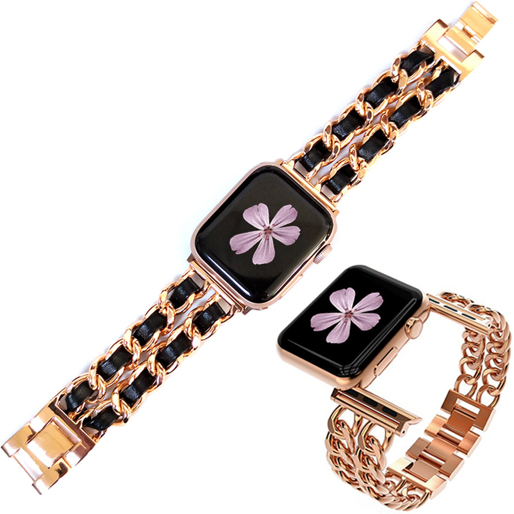 Новинка 2021, ремешок для apple watch, ремешок для женщин, подходит для i watch 1/2/3/4/5, металлическая цепочка с кожаным браслетом