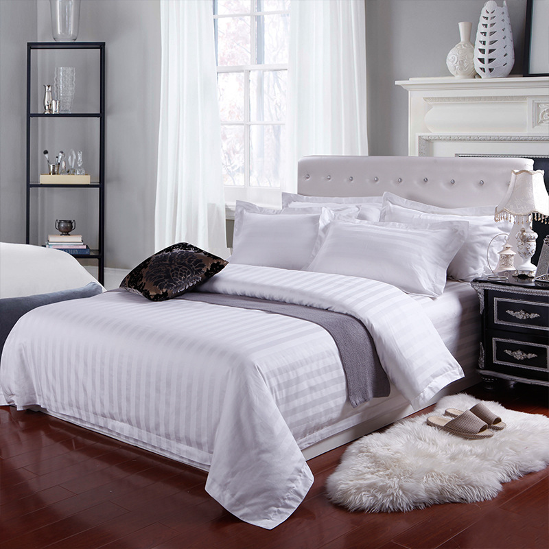 New Products White Satin Stripe Hotel Bed Linen Queen Size 100% Cotton bedsheet bedding Bedding Set duvet cover comforter set