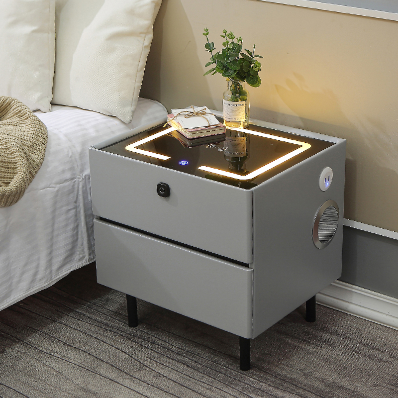 Bedroom Tempered Glass Countertop Nightstand Smart Fingerpring Multiple Storage Wireless Charging Bedside Table