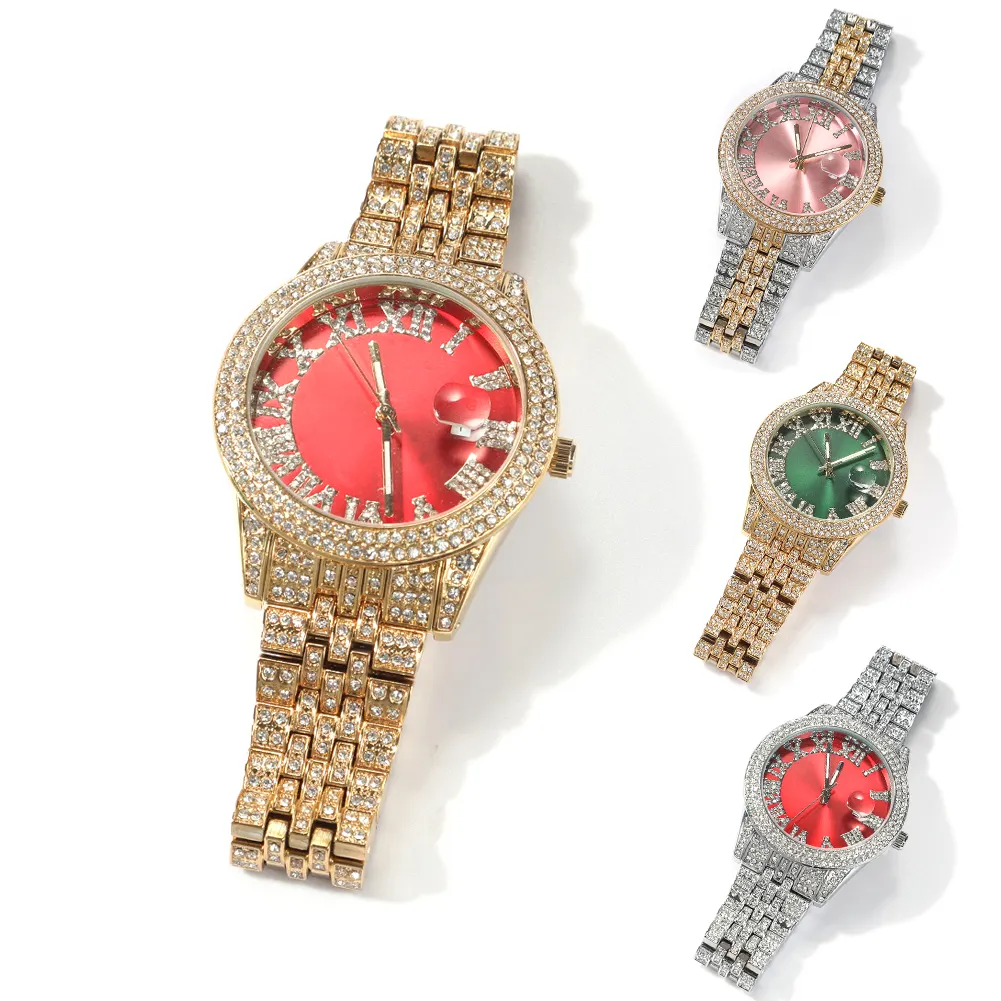 New Fashion Men Couple Hip Hop Full Diamond Pink Round Large Dial Waterproof Quartz Wrist Watch