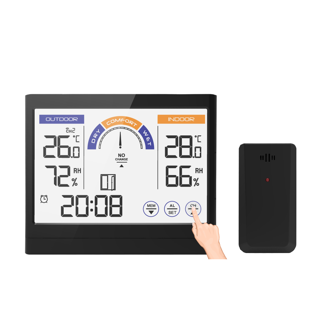 Digital radio controlled alarm clock with touch buttons and indoor outdoor temperature and humidity