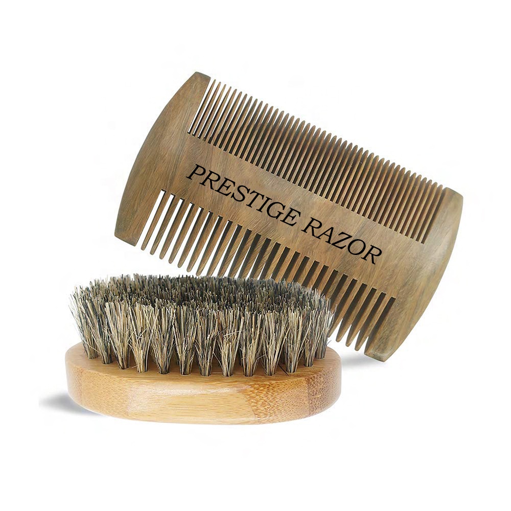 Wooden Material Beard Brush and Comb Set for Men | Prestige Razor 1904 |Oval shape Beard Brush with 100% Boar Bristle