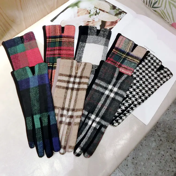 Plaid Geometric Houndstooth Pattern Jacquard Warm Fleece Women Winter Wool Hand Gloves
