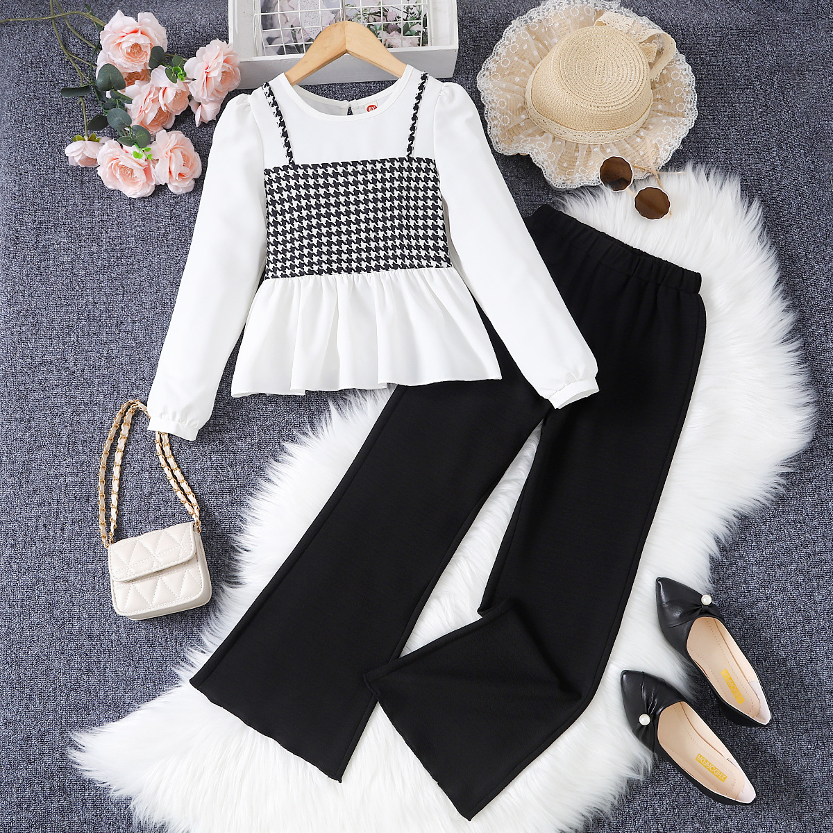 French style fashionable Girls Fashion Set for 2 pieces Checkered top + Wide leg pants children's set summer children's clothes