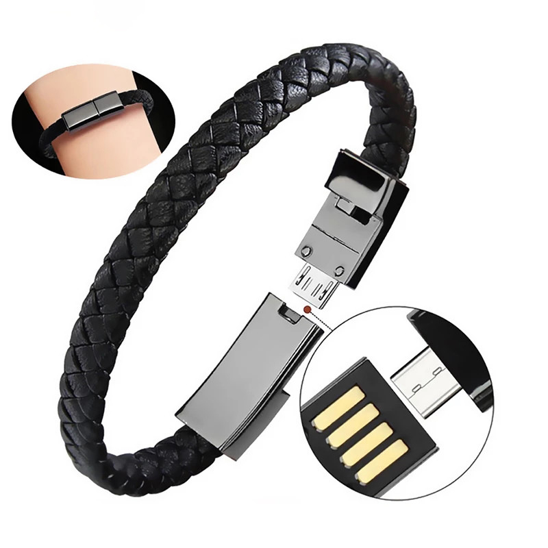 20cm Short USB-C Fast Charging Leather Bracelet USB Data Cable