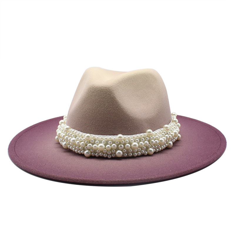 2020 new arrival ombre fedora Big Brim with pearl chain hat gradient two color jazz hat autumn and winter wool felt hat