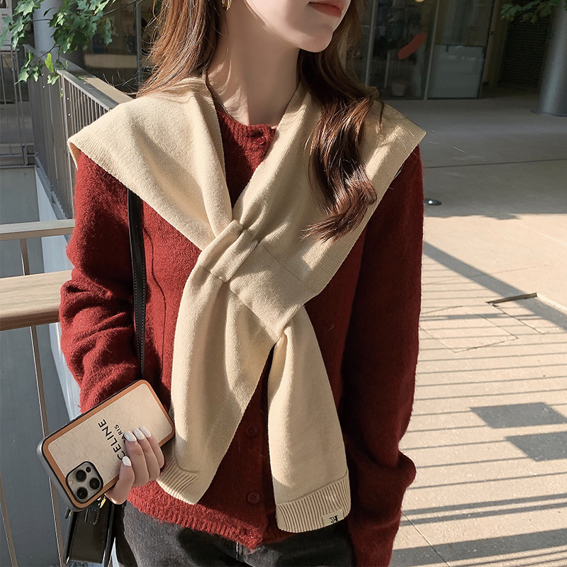 Autumn Winter New Wearable Cape Solid Knitted Shawl Knot Ponchos and Capes for Cloth Collocation