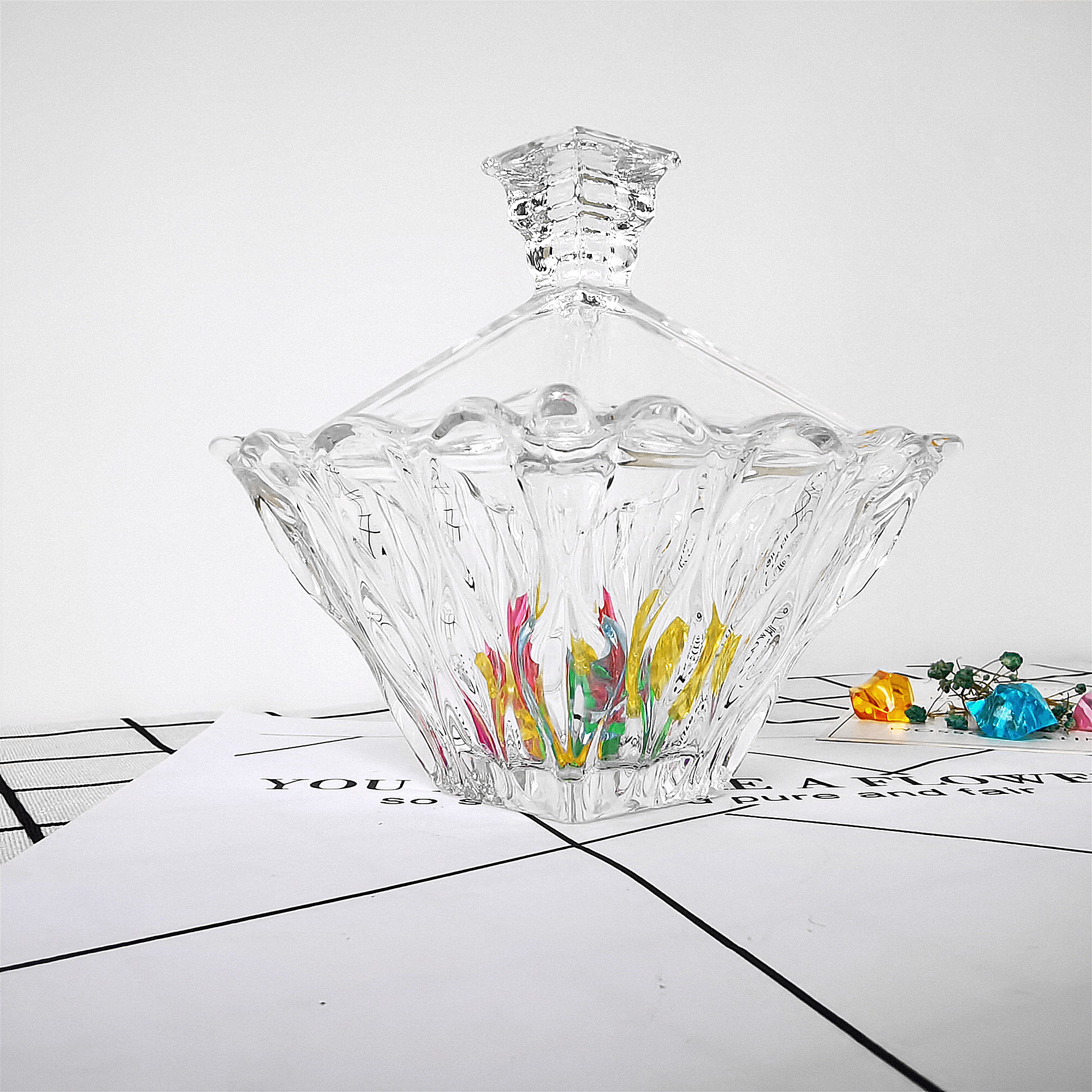 Square Glass Lead Free Crystal Glass Candy Jar With Lid