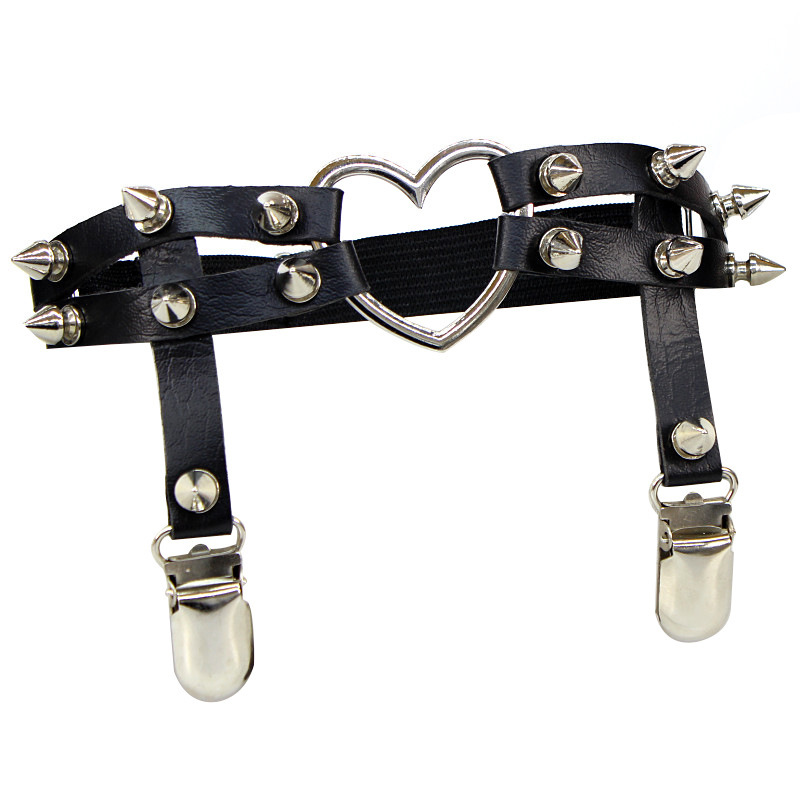 Gothic Studded Heart Garters Leg Ring Leg Elastic Punk Harness Garter Belt Adjustable Suspender with 2 Clips