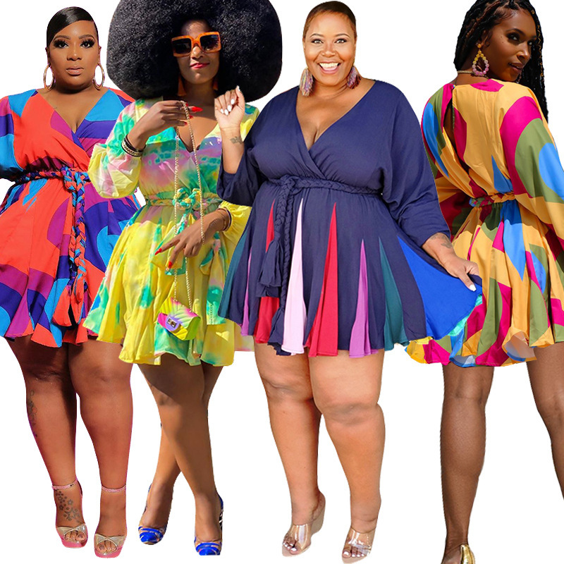 2021 New Arrival V-nect Long Sleeve Floral Loose Women Sexy a Line Plus Size Casual Dress Plus Size Women Clothing