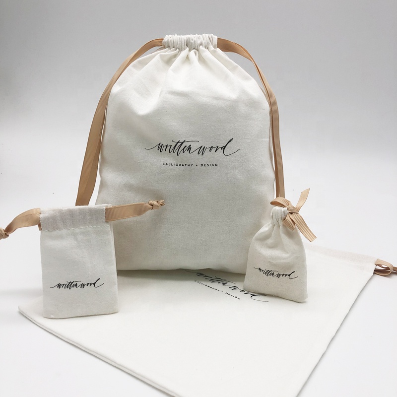 Custom Wholesale White Drawstring Cotton Muslin Gift Packaging Bag With Ribbon For Jewelry