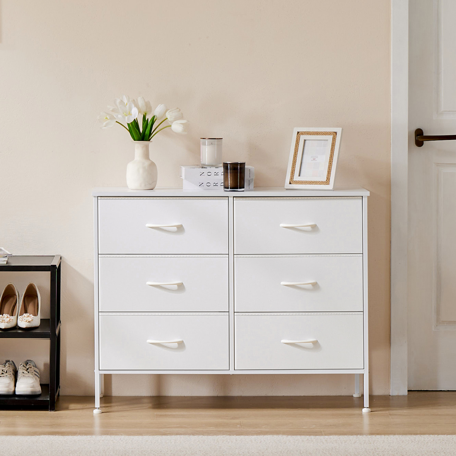 Modern Dresser for Bedroom 6 Drawers Wide Fabric Storage Units Chest of Drawers for Bedroom with Metal Frame and Wooden Top