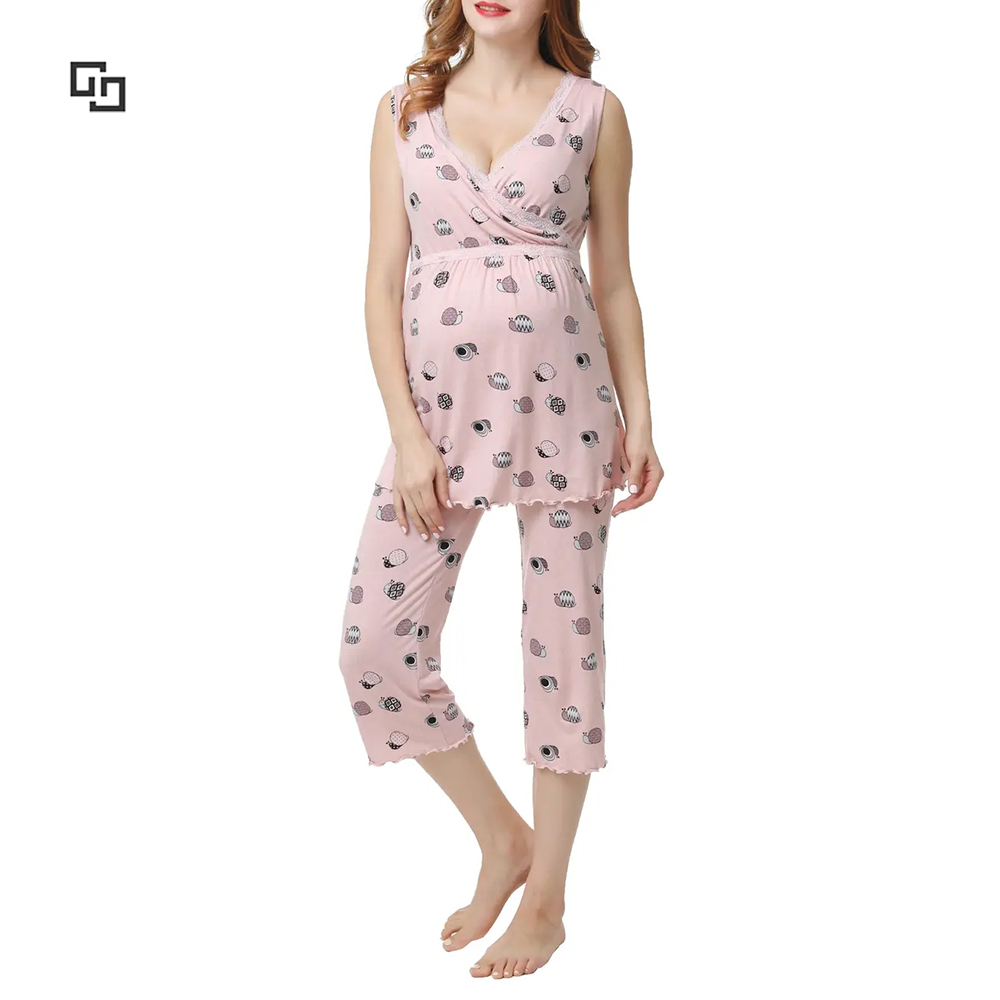 Rayon V-Neck Sleeveless Sleepwear Breastfeeding Pyjamas Tops And Over-The-Belly Waistband Pant Print Maternity Pajama Set