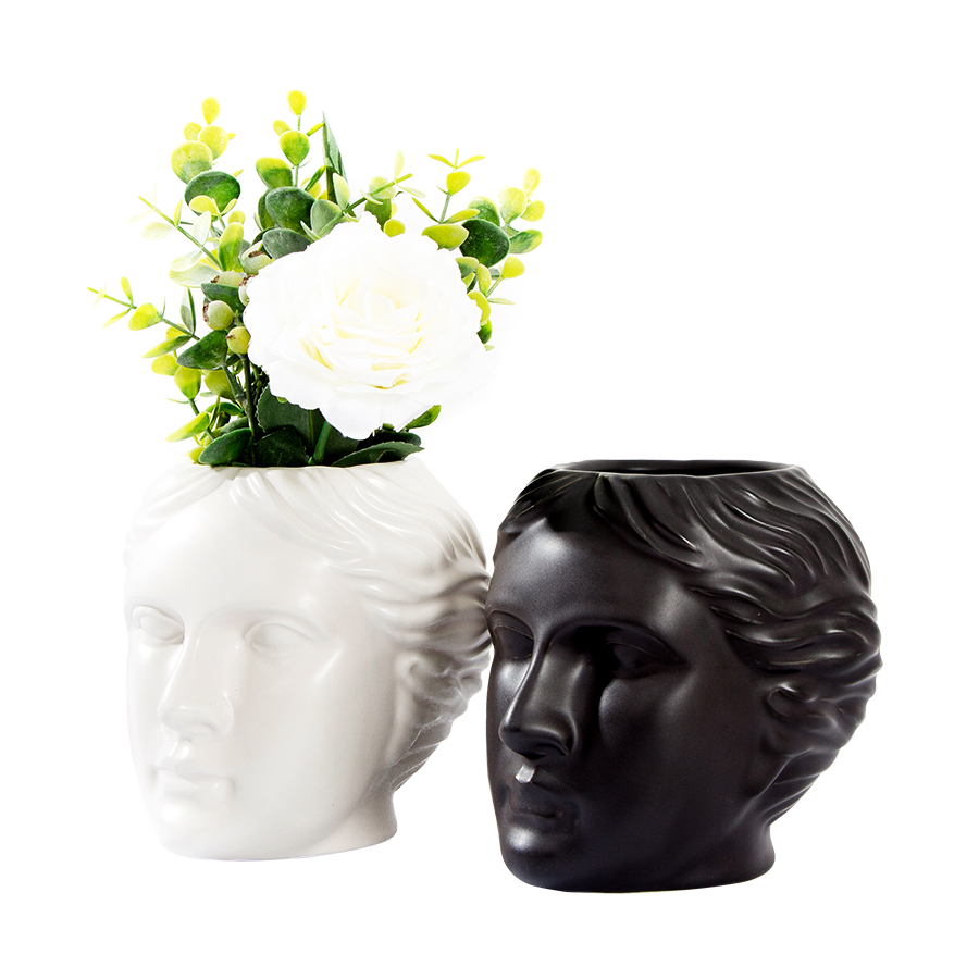 2021 Wholesale Matte White Black ChaoZhou Ceramic Vase Nordic Head Shape Ceramic Flower Pots