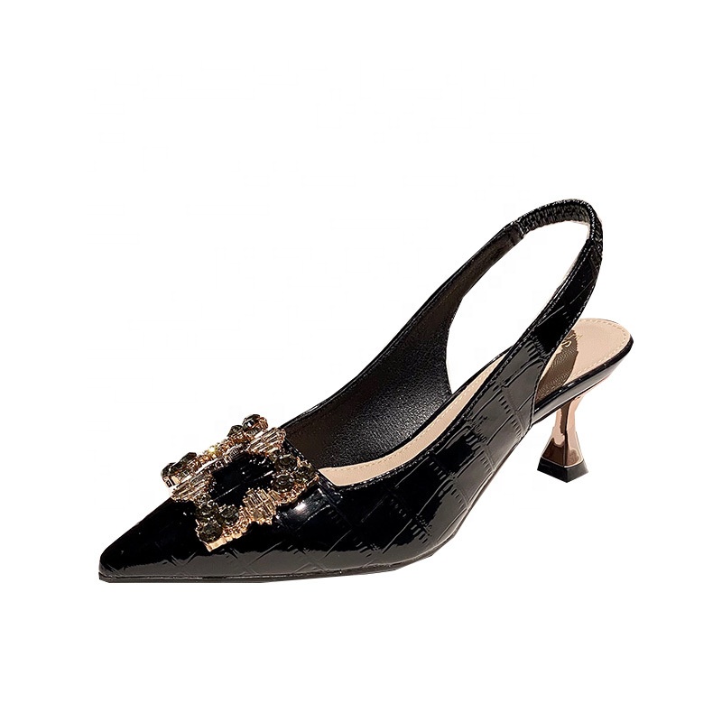 2021 Fall New Backspace High Heels Pointed Shallow Mouth Fashion Rhinestone Square Buckle Temperament Single Shoes