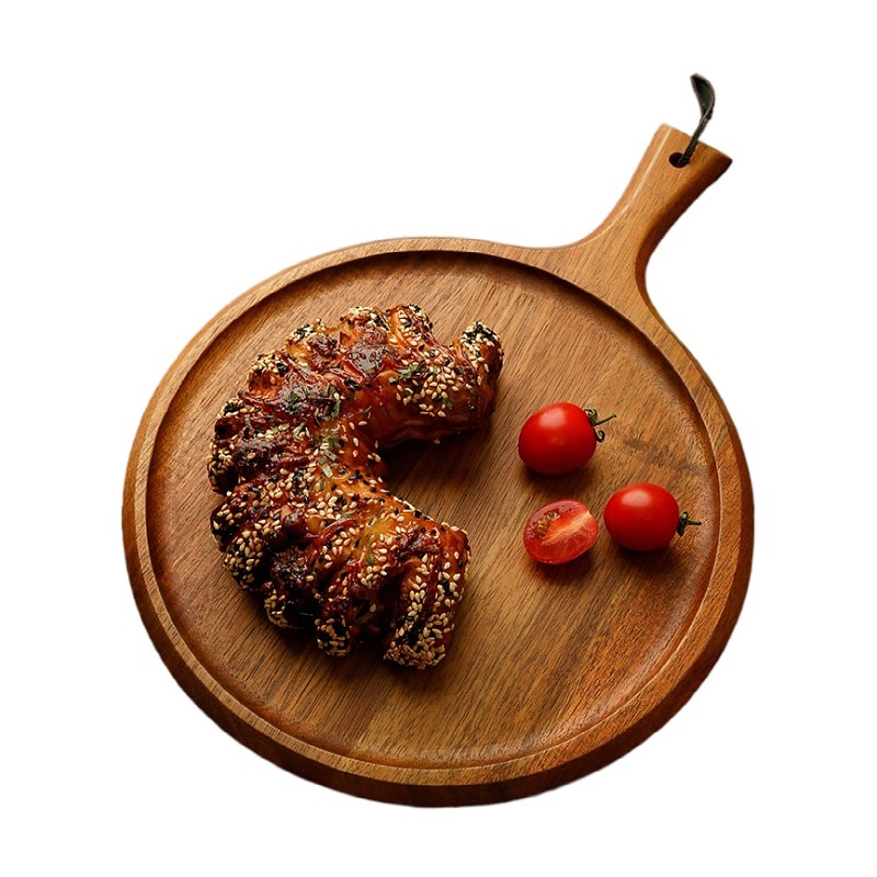 Hot selling high quality round paddle shaped acacia beech wooden pizza tool board for serving tray plate dish with handle