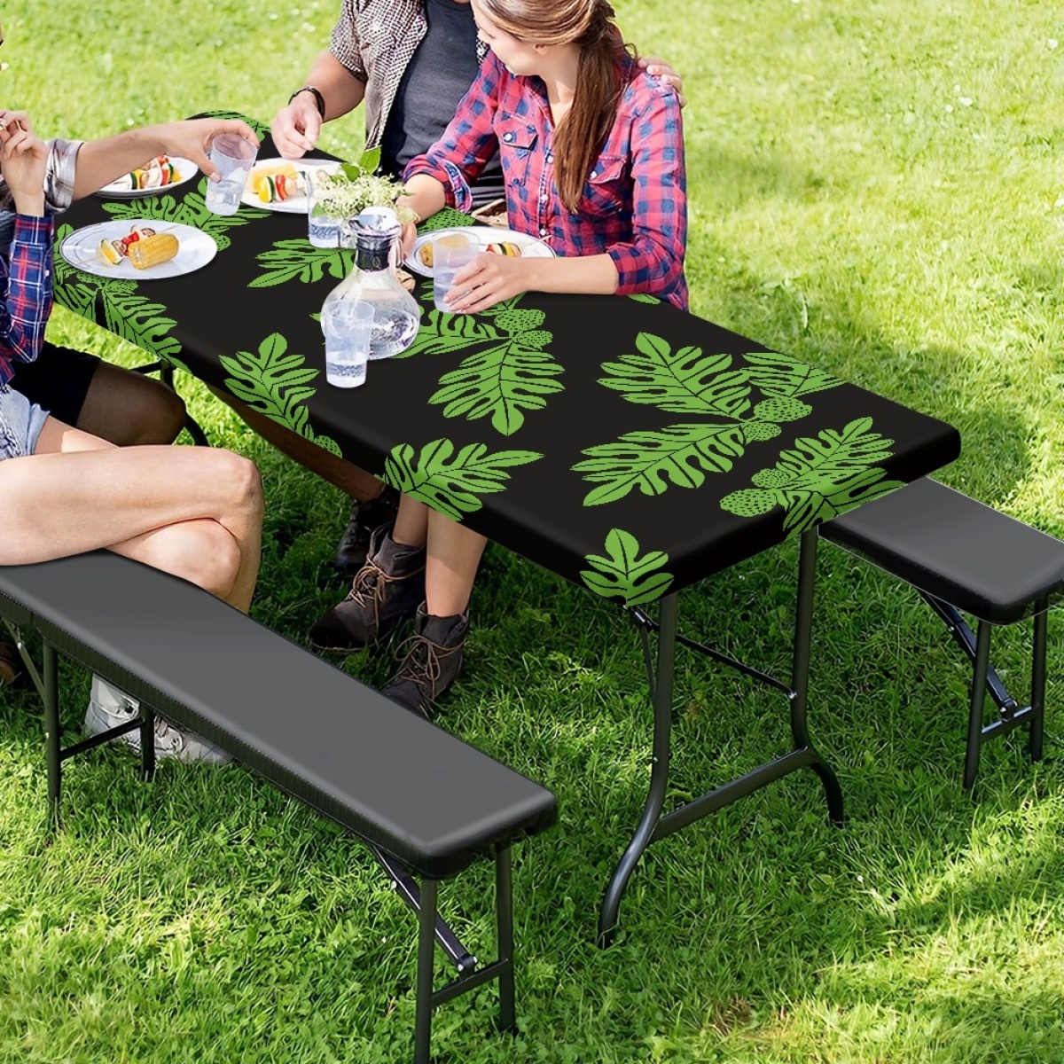 Hot Sale Custom Hawaii Life Island Fashion Black Ulu Palaka Prints High Quality Oxford Cloth Picnic Table Cover Print on Demand