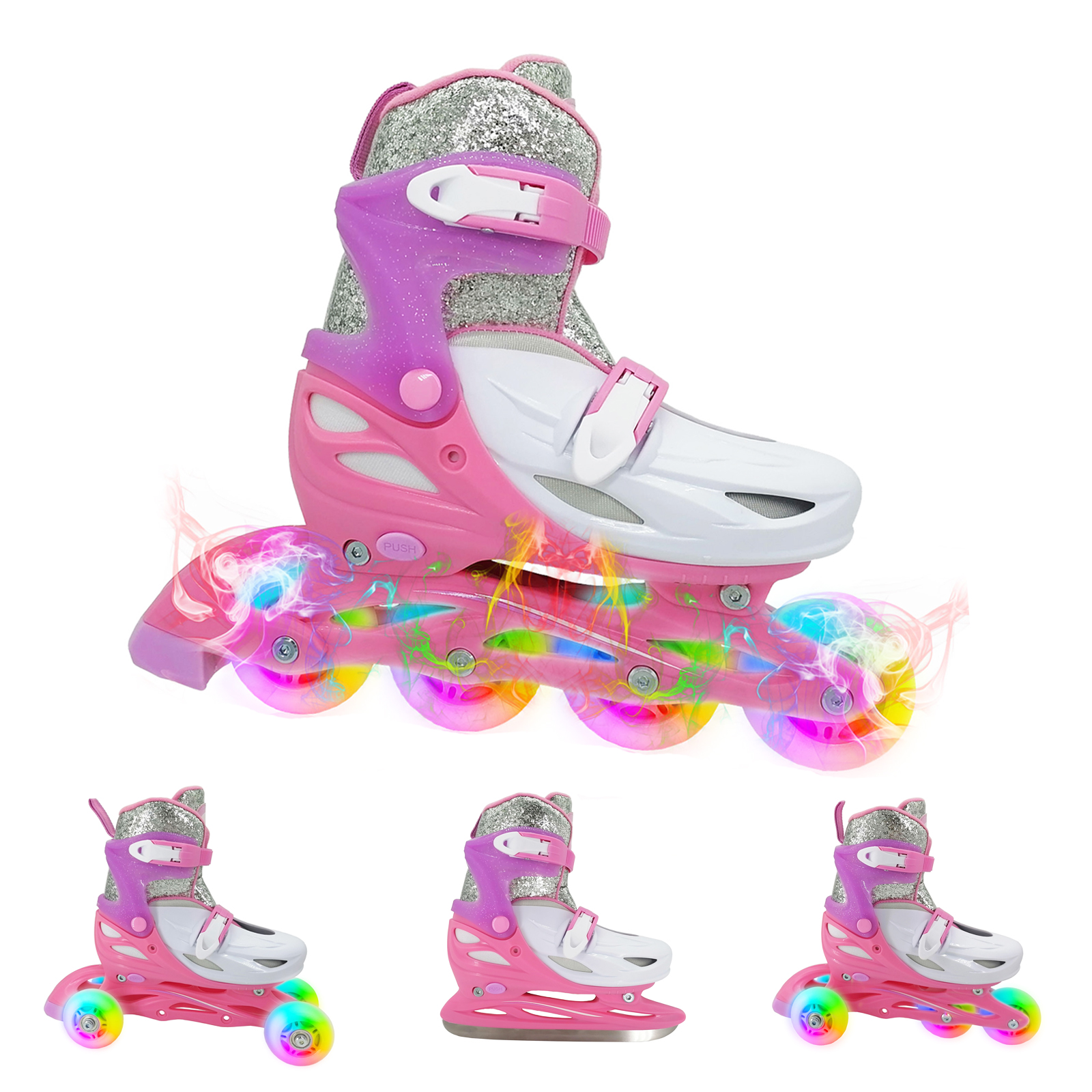 LIKU 4-in-1 Adjustable Inline Skates for Kids with All Light up Wheels, Quad Roller Skates, Outdoor Blades Roller Skates